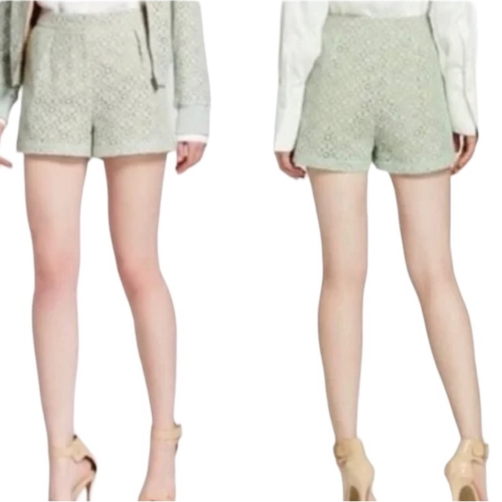 Victoria Beckham size 12 green lace shorts flat front pockets lined NWOT